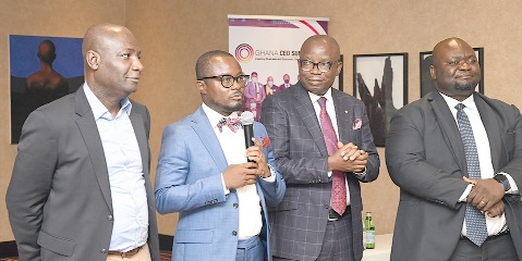 Ernest De-Graft Egyir (2nd from left) Chief Executives Network Ghana, speaking at the launch. With him are Dan Owusu (2nd from right) Country Managing Partner of Deloitte Ghana, Charles Poku-Mensah (right), Head of Communications, GIPC and Frank Oye (left), Executive Director of the Margins Group